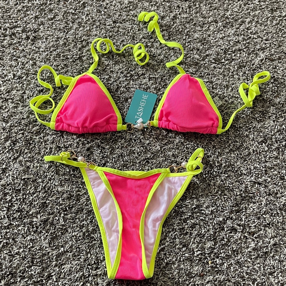 NWT TASHEHE Women’s Ribbed Neon String Bikini (S)
